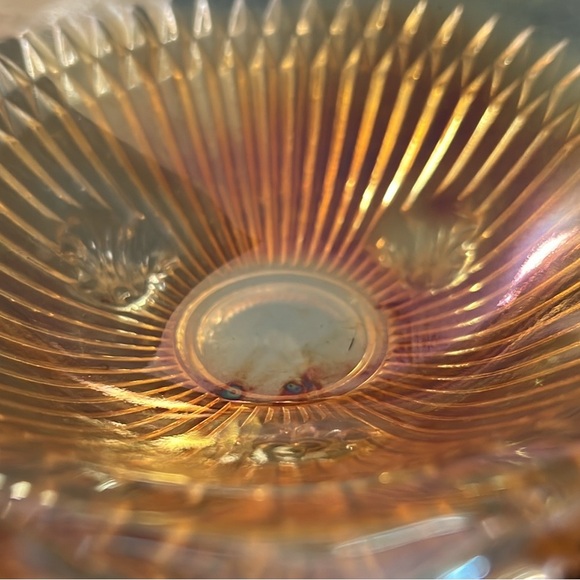 Vintage Jeannette Glass Anniversary Iridescent Footed Marigold Carnival Bowl - Picture 10 of 12